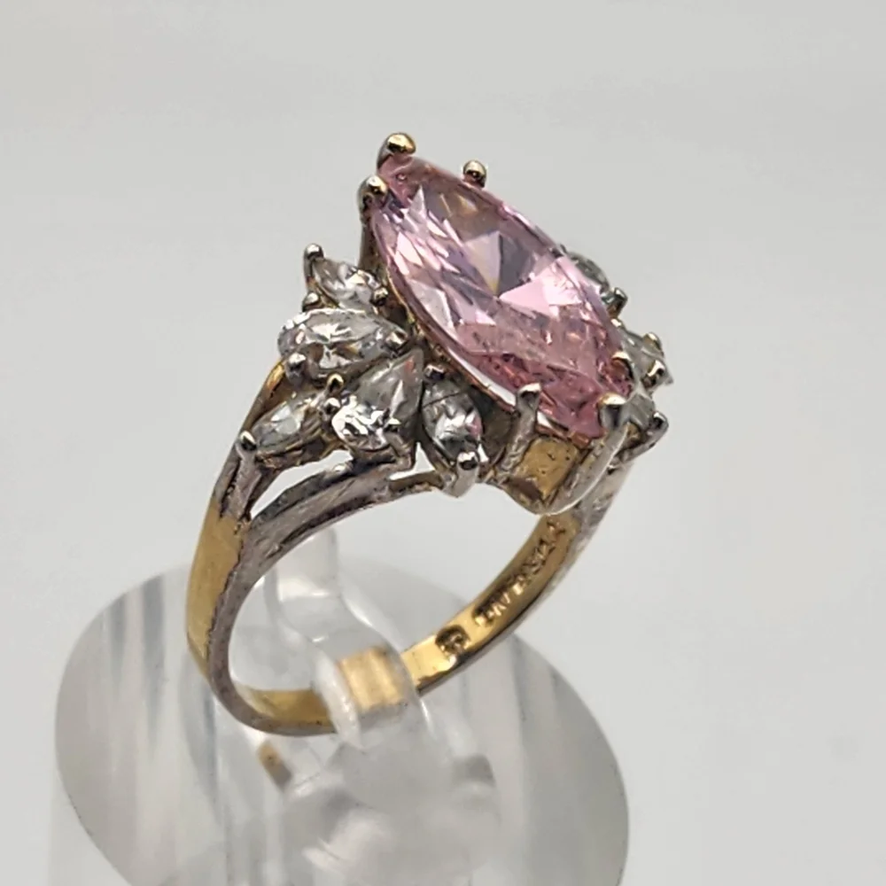 Vintage JL Gold Plated Sterling Silver Pink & Clear Crystal Ring (6.5)